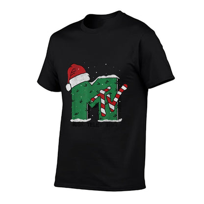 MTV Logo Christmas Tree Santa Hat Colors Graphic  Rolled Sleeves T-Shirt