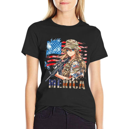 4th Of July Military Anime Girl Patriotic Kid Women US  Moisture-wicking T-Shirt