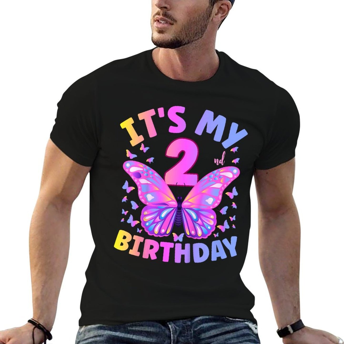 Kids 2nd Birthday Girl Two Year Old Butterfly Birthday  Summer-ready Fabric T-Shirt