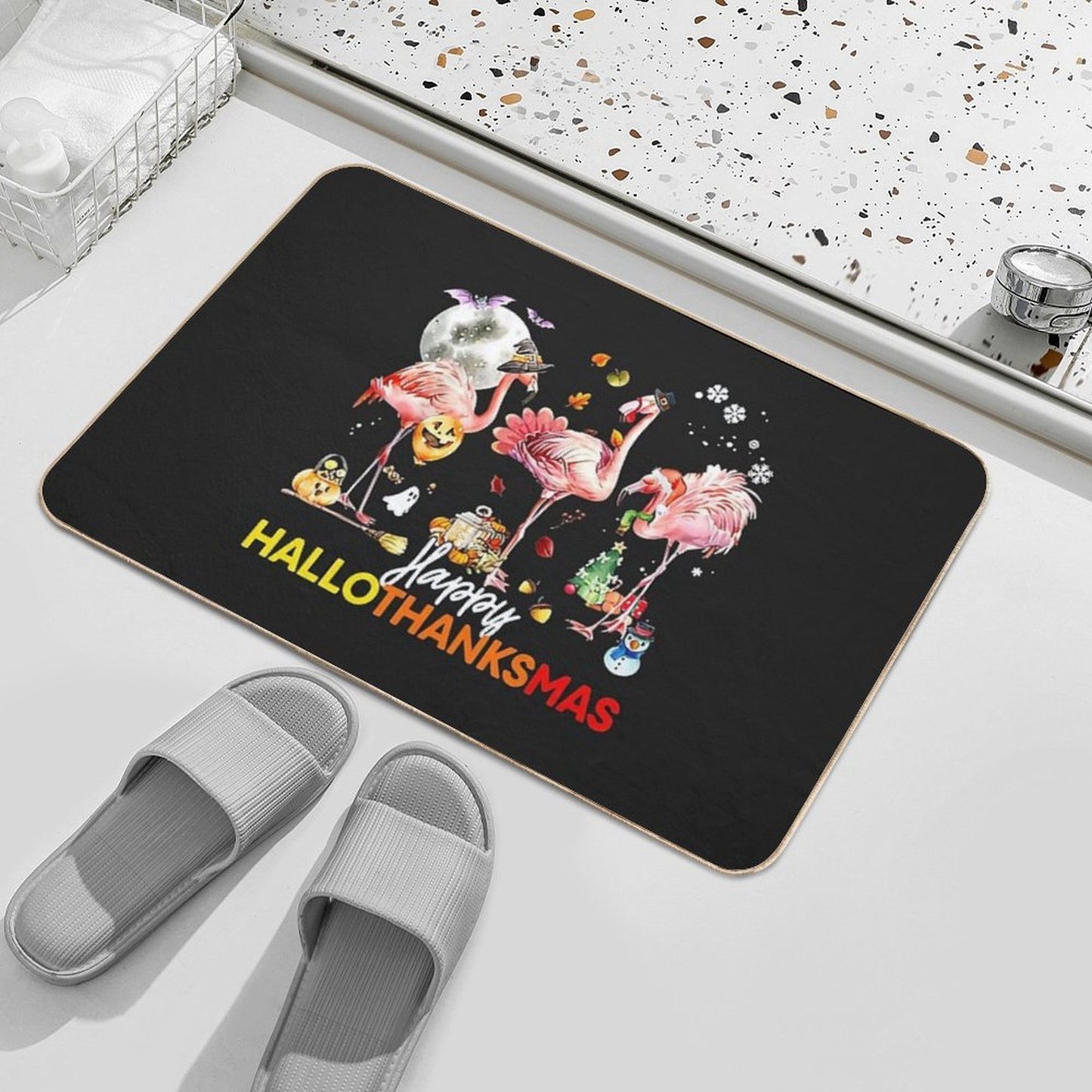 Happy HalloThanksMas Flamingo Holiday Party Halloween  Eco-Friendly Bath Mat
