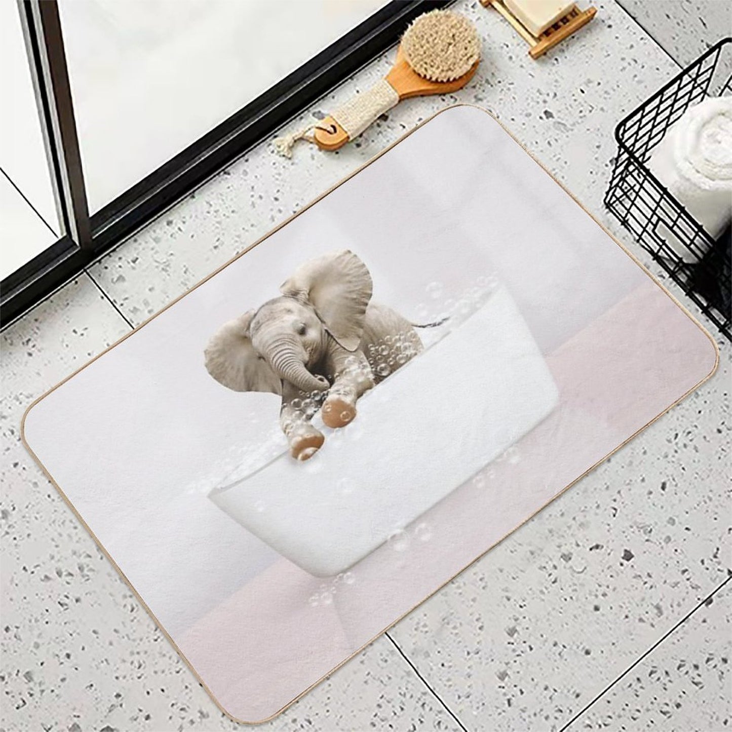 Baby Elephant  in Modern Bathtub Pink Print, Baby Elephant Bathing, Animals in Bathtub Art by Synplus  Easy To Clean Bath Mat
