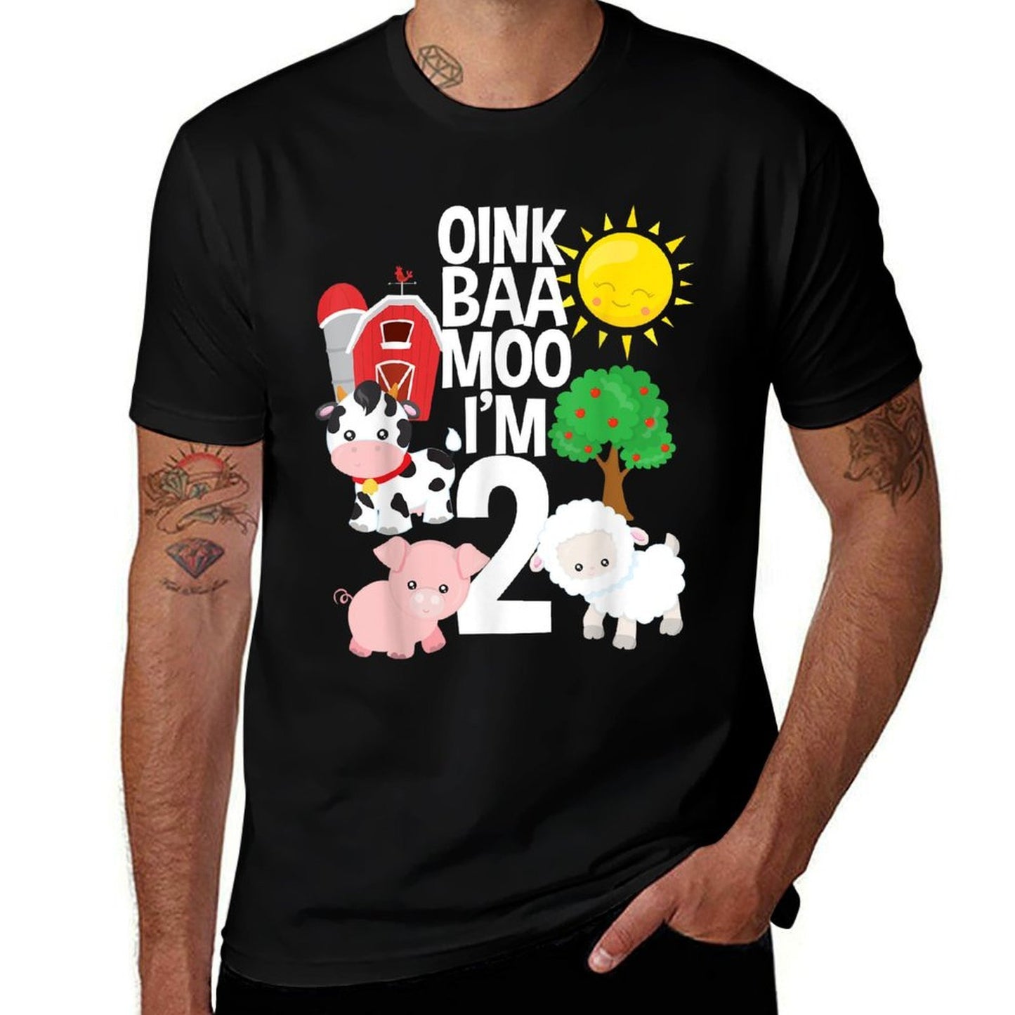 Oink Baa Moo I'm 2 Farm Theme Birthday Gift 2 Yrs Old  Ribbed Collar T-Shirt