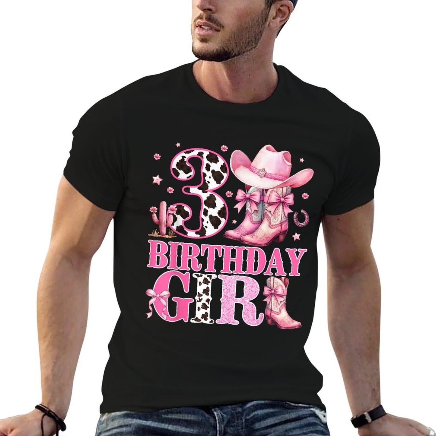 Kids 3rd Birthday Girl Rodeo Western Cowgirl Birthday Party  Ribbed Collar T-Shirt