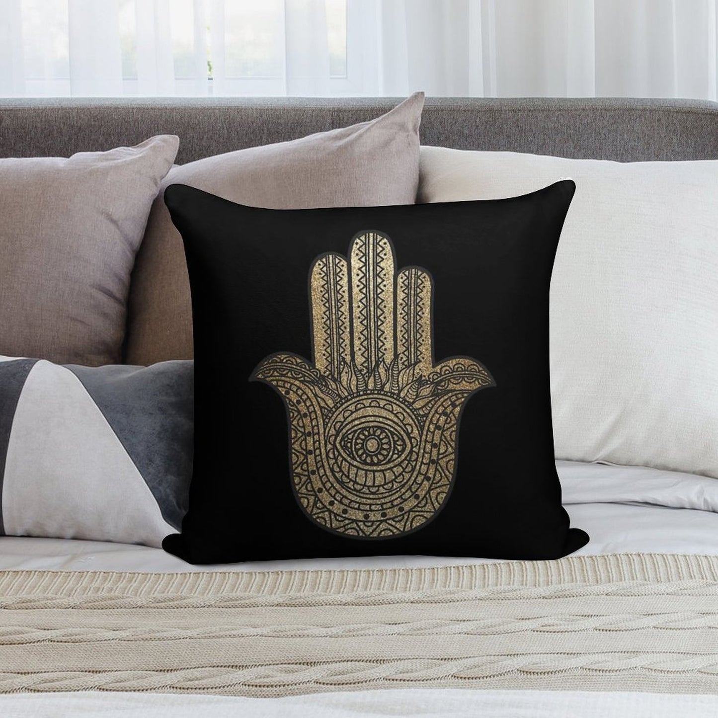 Golden Hamsa Hand Soft Hidden Zipper Throw Pillow