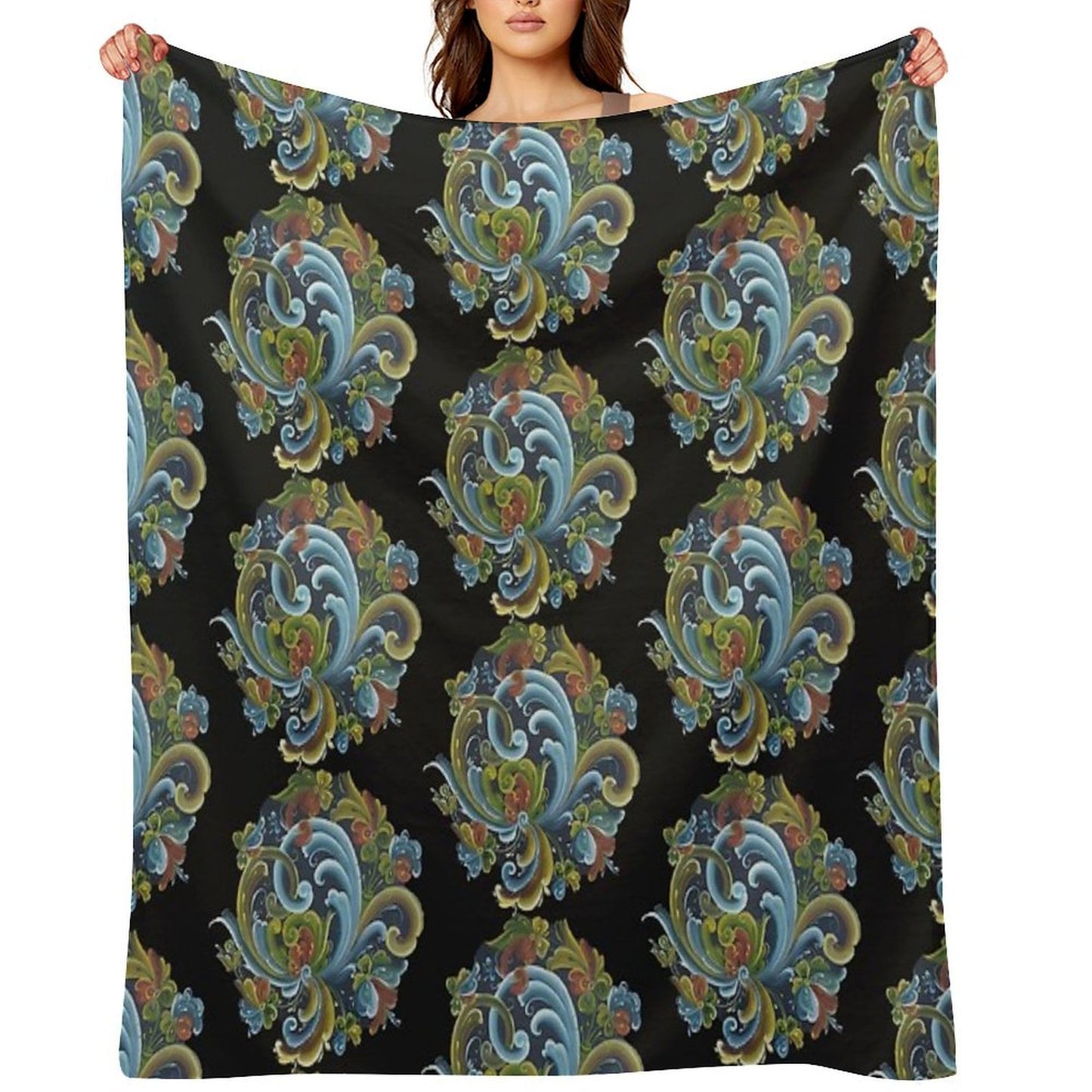 Traditional Norwegian Telemark Rosemaling Velvety-soft Throw Blanket