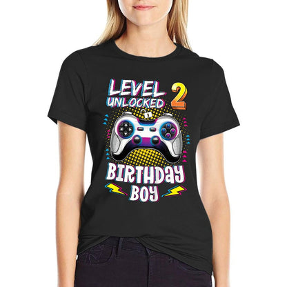 Kids 2 Years Old Birthday Level 2 Unlocked Gamer 2nd Birthday Boy  Summer-ready Fabric T-Shirt