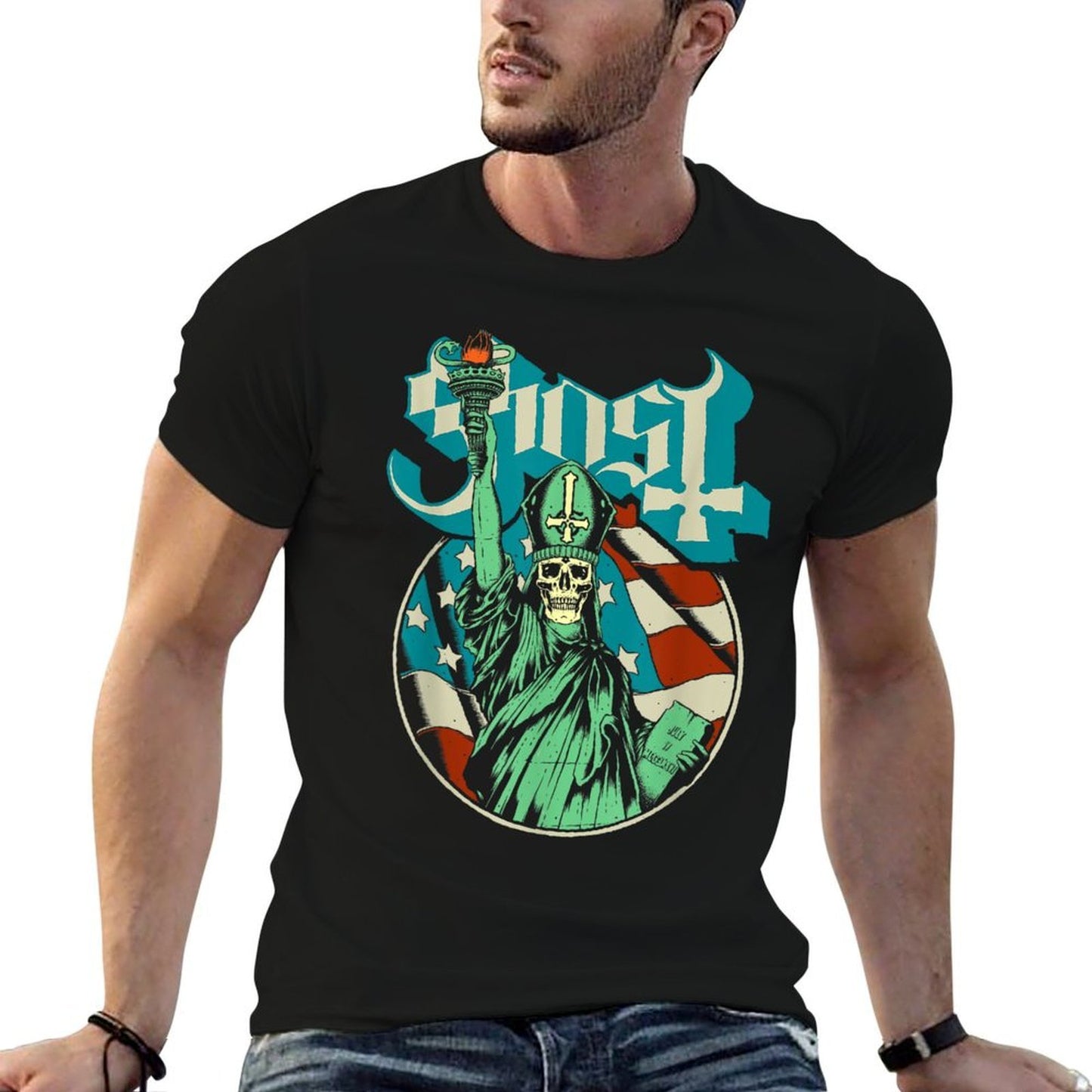 Ghost - Blue Statue Stars And Stripes  Polyester Blend T-Shirt