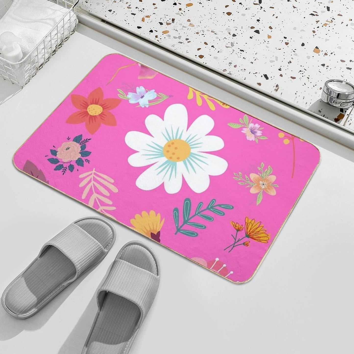 Random Floral Pattern 11 Neon Pink Background Color  High-Traffic Bath Mat