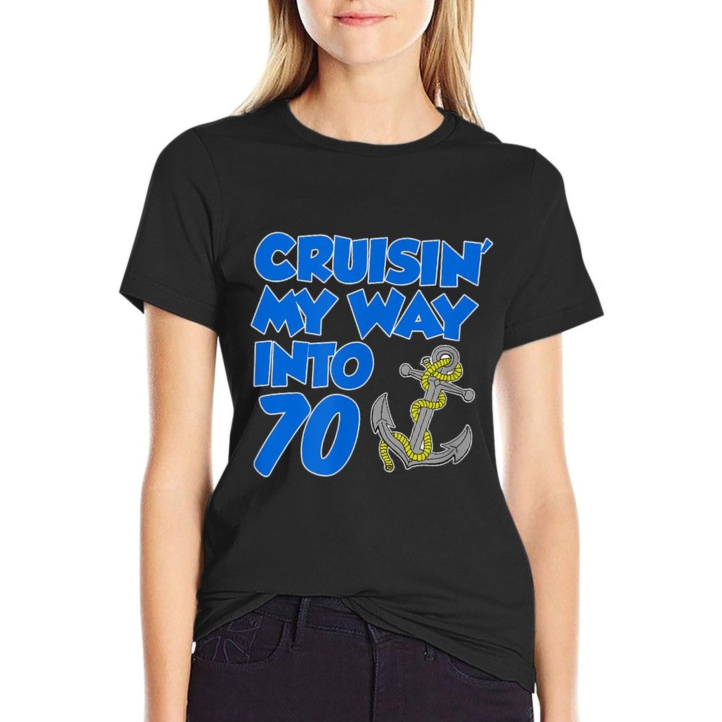 Cruisin' My Way Into 70 Anchor 70th Birthday Cruise  Ribbed Collar T-Shirt