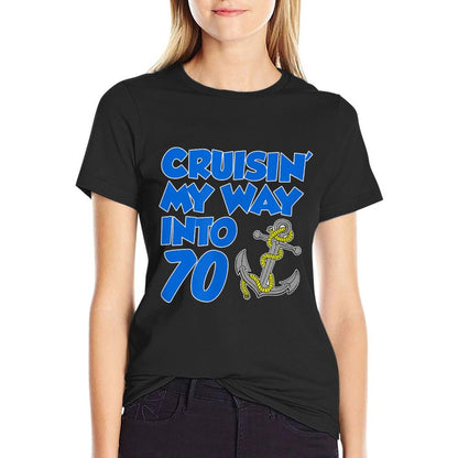 Cruisin' My Way Into 70 Anchor 70th Birthday Cruise  Ribbed Collar T-Shirt