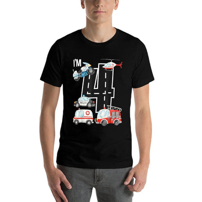Emergency Vehicles 4th Birthday Fire Truck Police Car Boys  Easy-care T-Shirt
