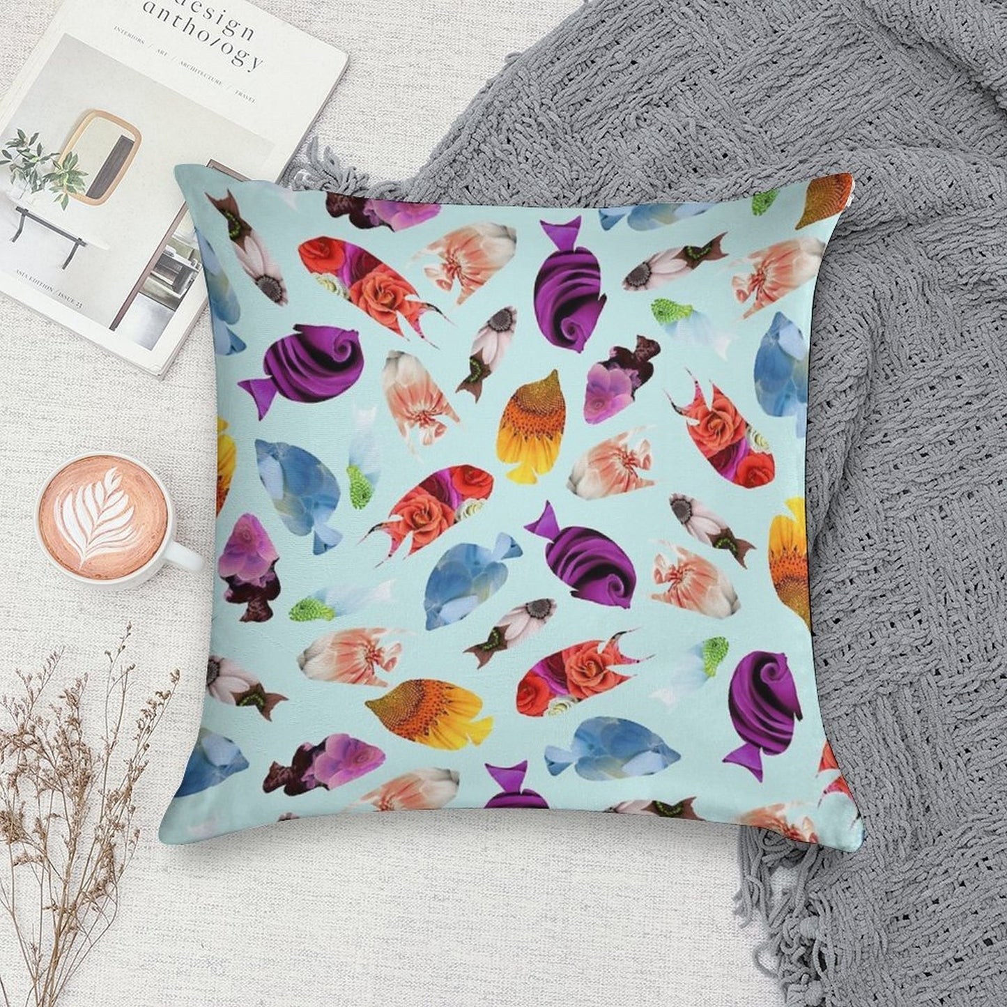 Fish Shaped Flowers Soft Multiple Sizes Throw Pillow
