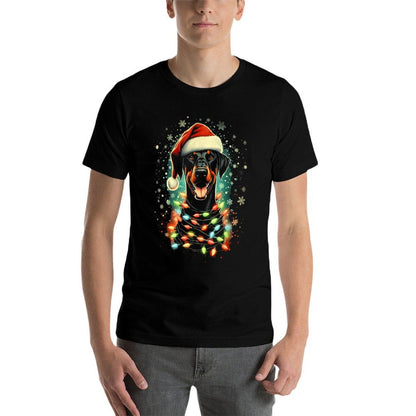 Cute Pinscher Christmas Doberman Dog with Santa Hat  Lights  Quick-drying T-Shirt