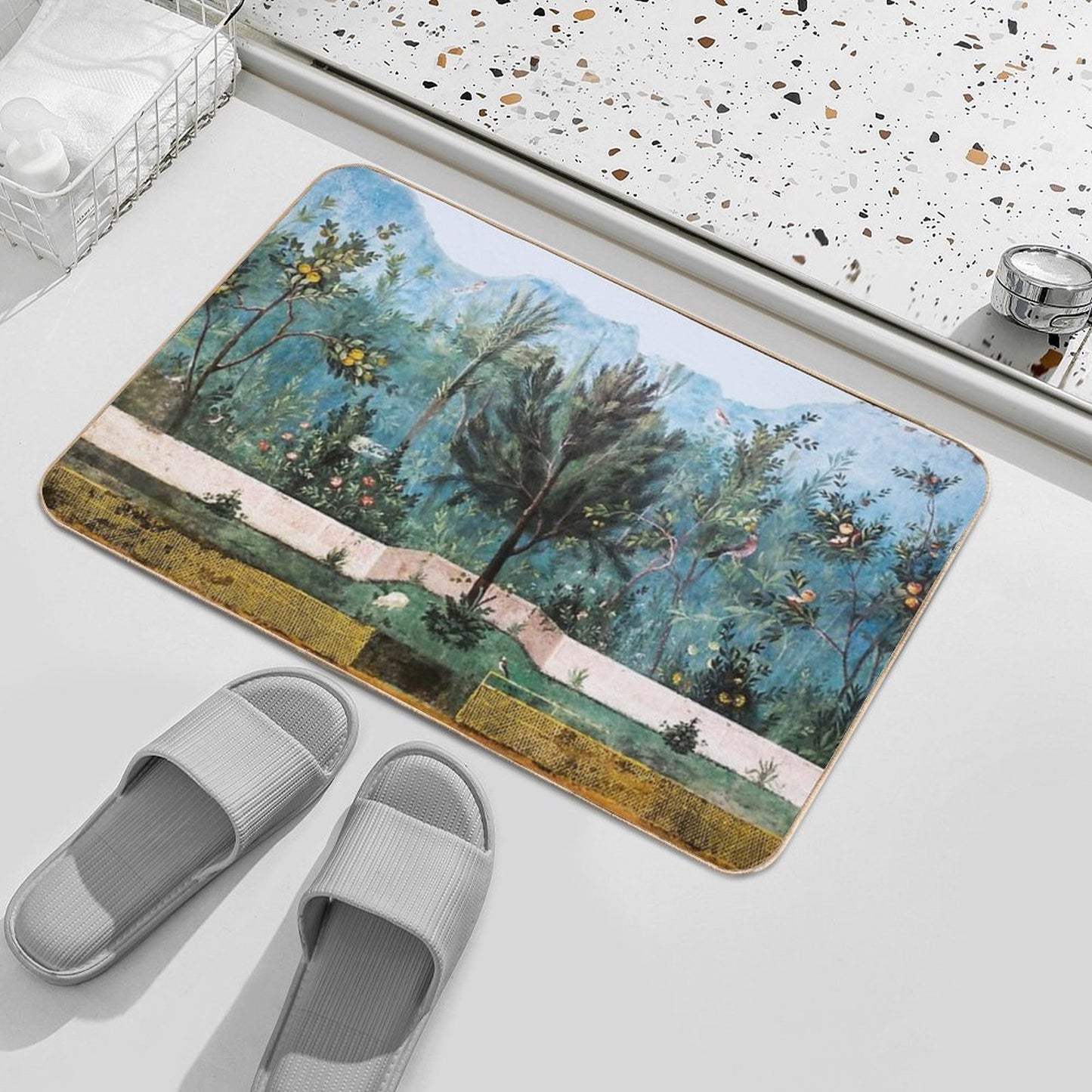 ANTIQUE ROMAN WALL PAINTING Flower Garden Flying Birds Pine,Quince And Apple Trees  Multi-Purpose Bath Mat