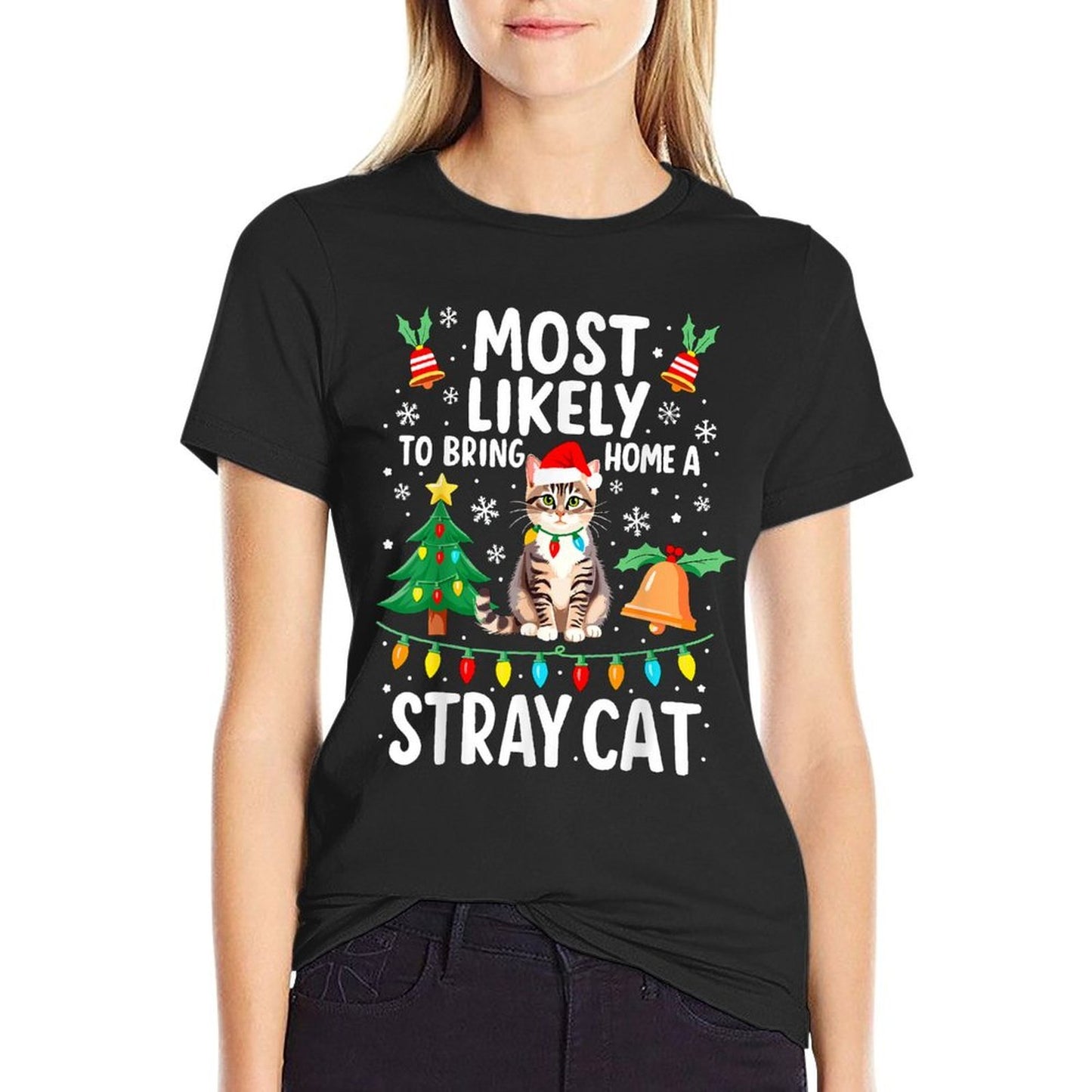 Most Likely to Bring Home A Stray Cat Christmas Costume Xmas  Rolled Sleeves T-Shirt