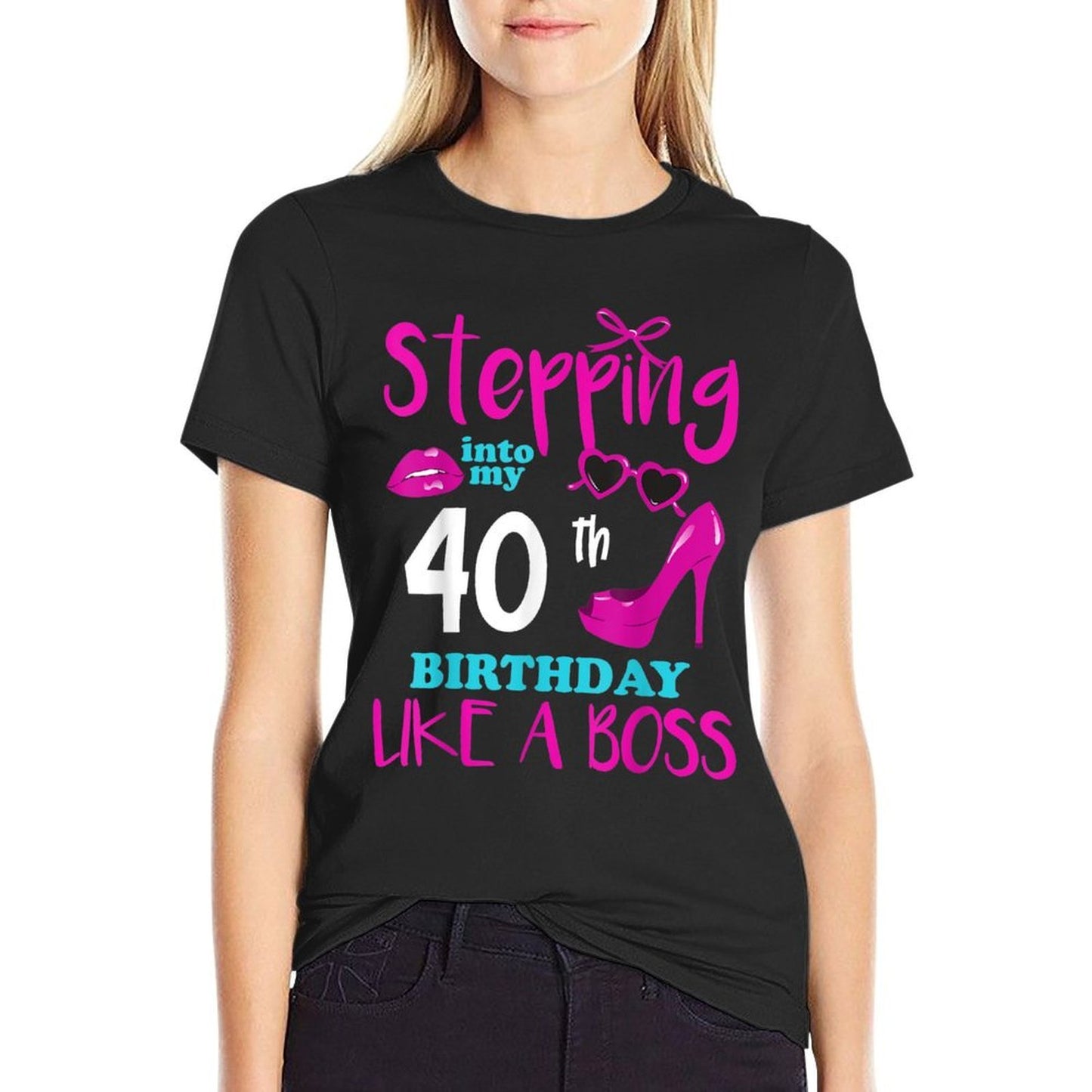 Stepping Into My 40 Year Old Birthday Like A Boss 40th BDay  Ribbed Collar T-Shirt