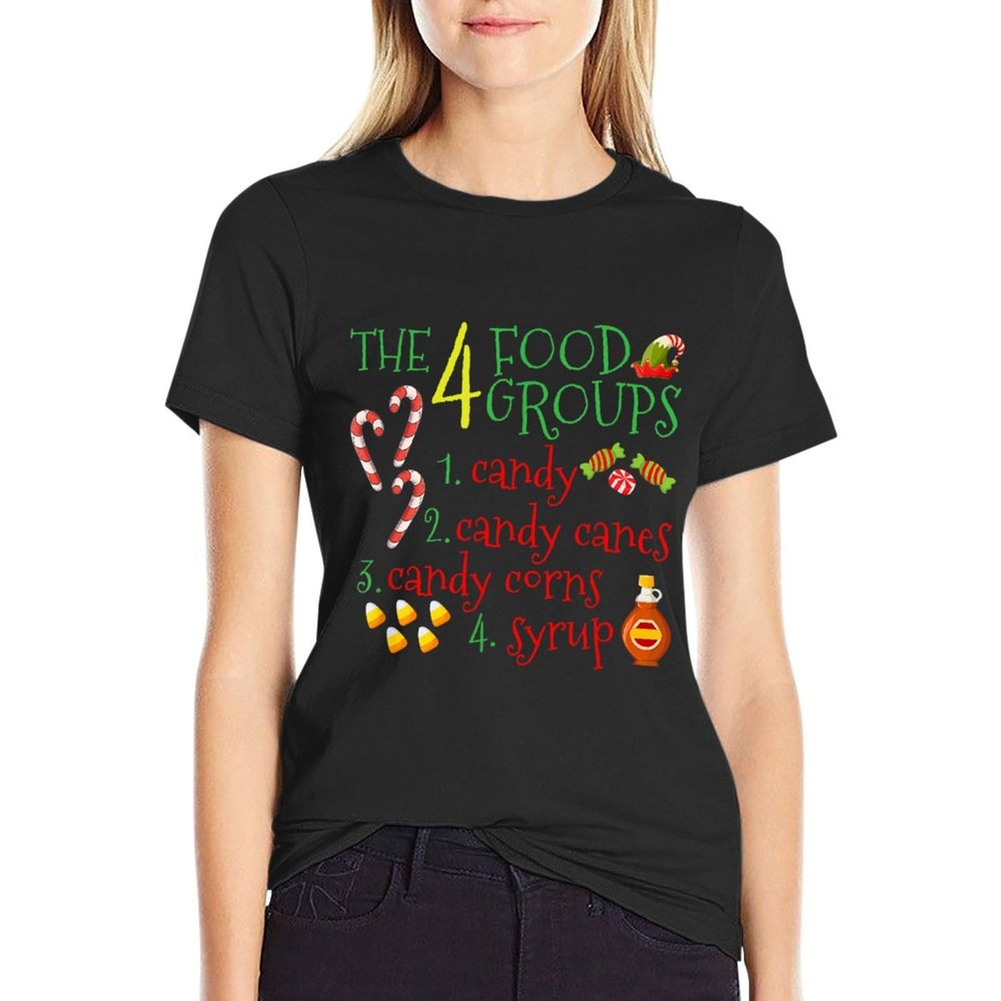 The 4 Elf Food Groups Funny Christmas Candy Cane  Rolled Sleeves T-Shirt