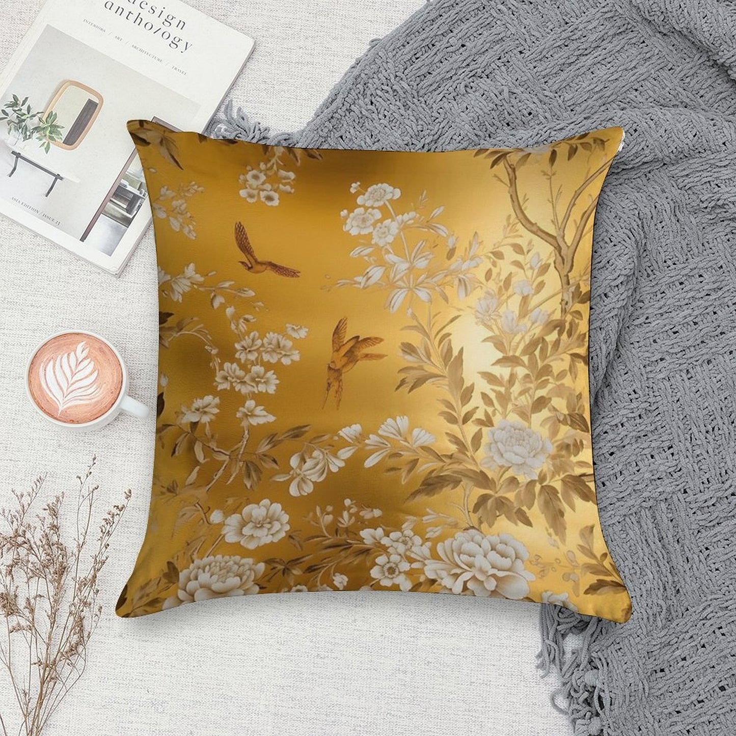 Gold Chinoiserie Floral Soft Durable Construction Throw Pillow