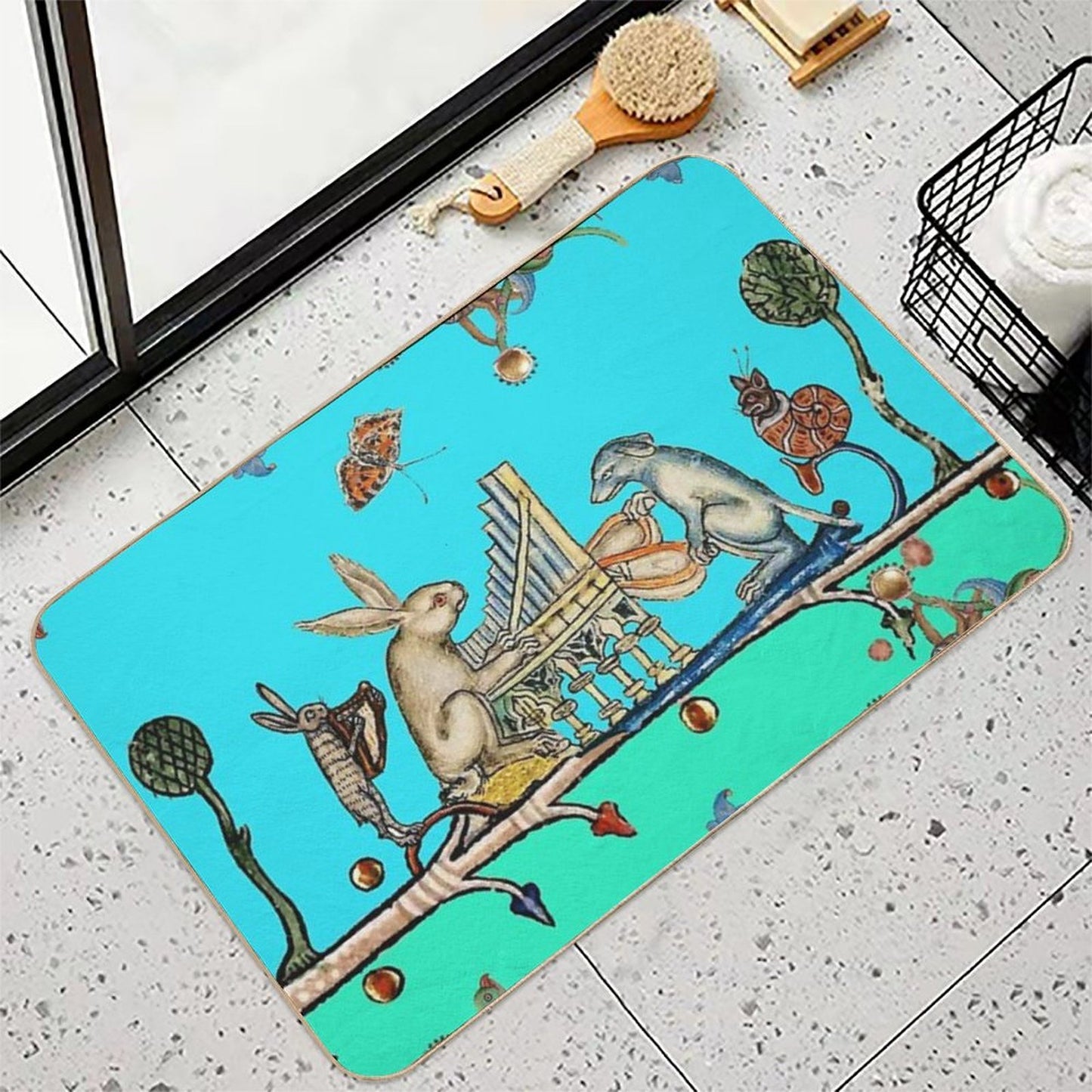 WEIRD MEDIEVAL BESTIARY MAKING MUSIC,White Rabbit And Dog Playing Organ, Harpist Hare, Snail Cat in Blue  Anti-Trip Bath Mat