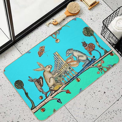WEIRD MEDIEVAL BESTIARY MAKING MUSIC,White Rabbit And Dog Playing Organ, Harpist Hare, Snail Cat in Blue  Anti-Trip Bath Mat