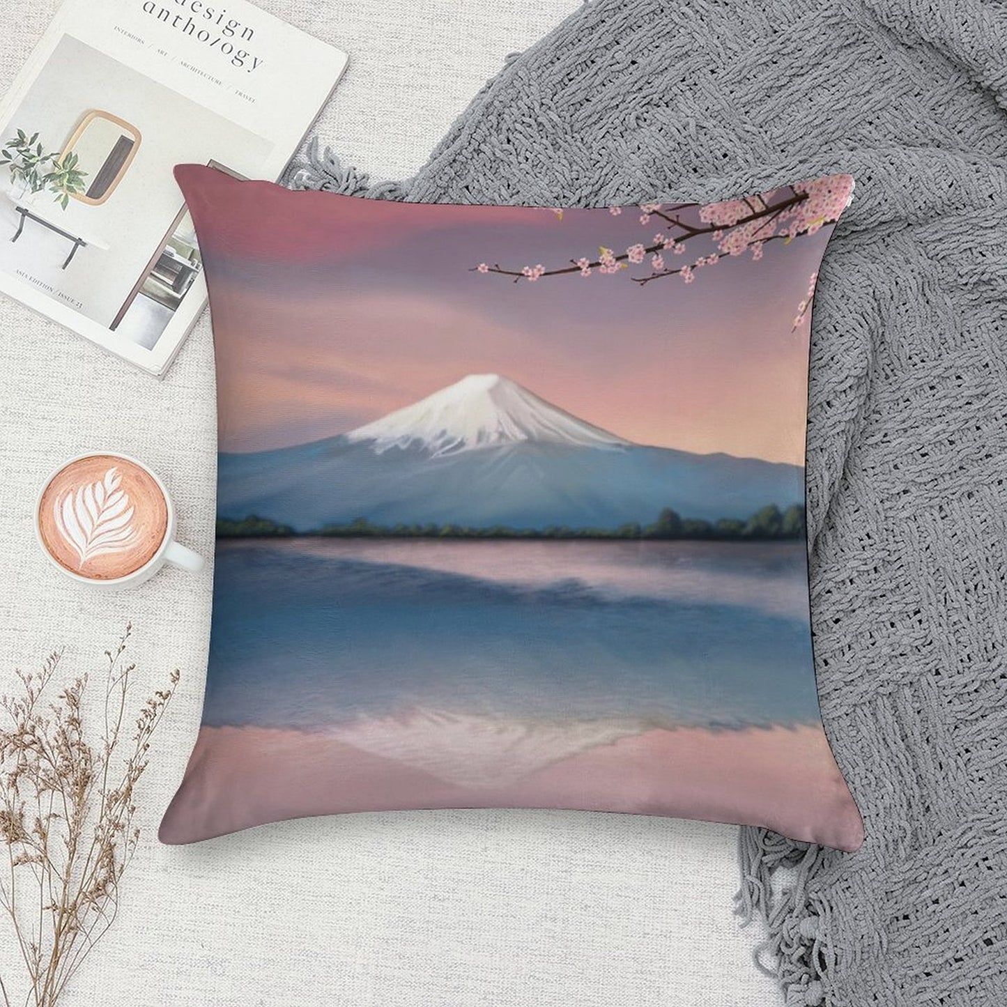 Mt Fuji with Cherry Blossoms Soft Durable Construction Throw Pillow
