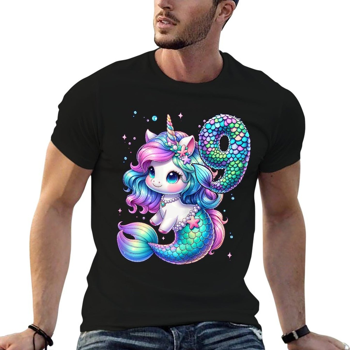 Unicorn Mermaid 9th Birthday 9 Year Old Party Girls Outfit  Summer-ready Fabric T-Shirt