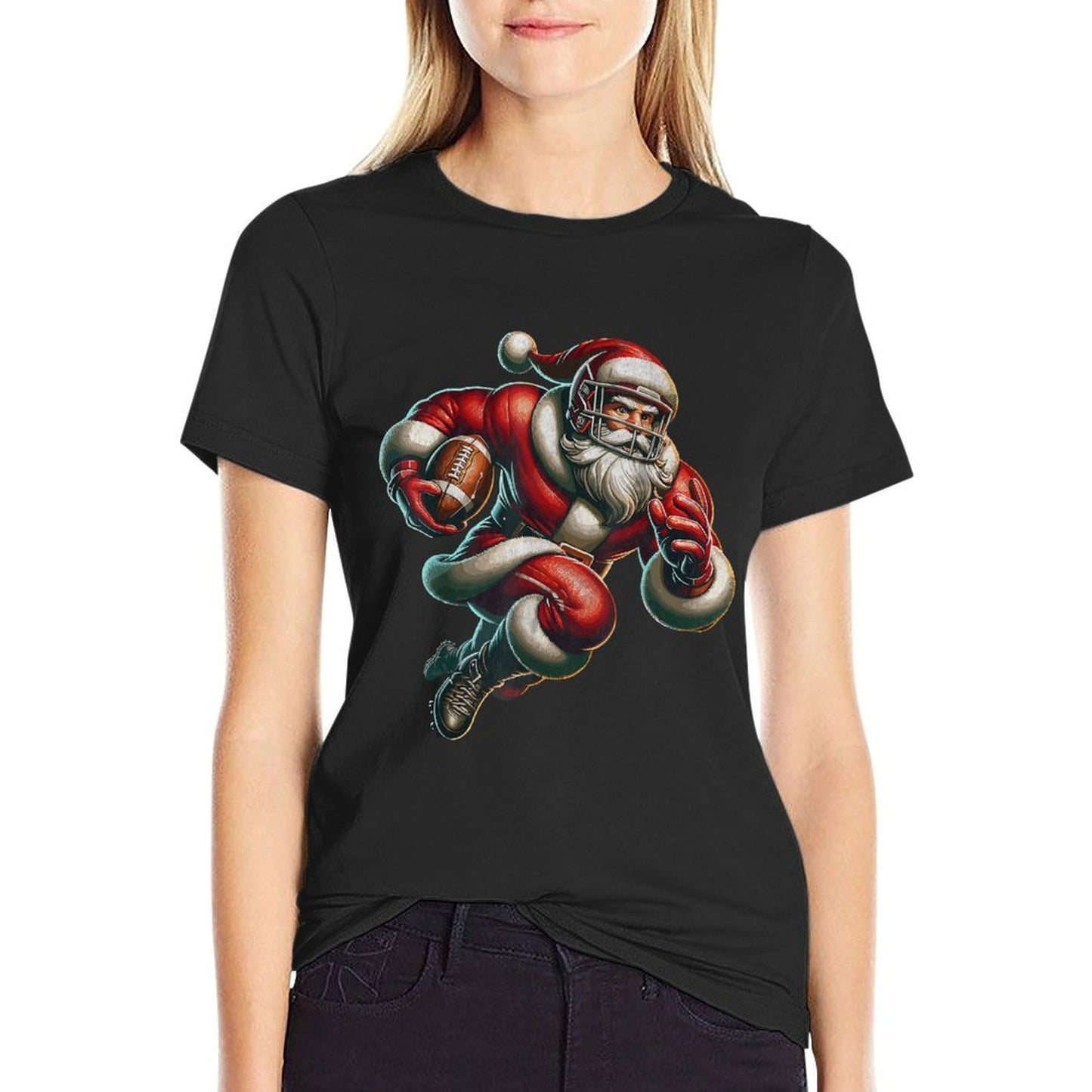 Santa Playing American Football Christmas Women Men Kids  Moisture-wicking T-Shirt