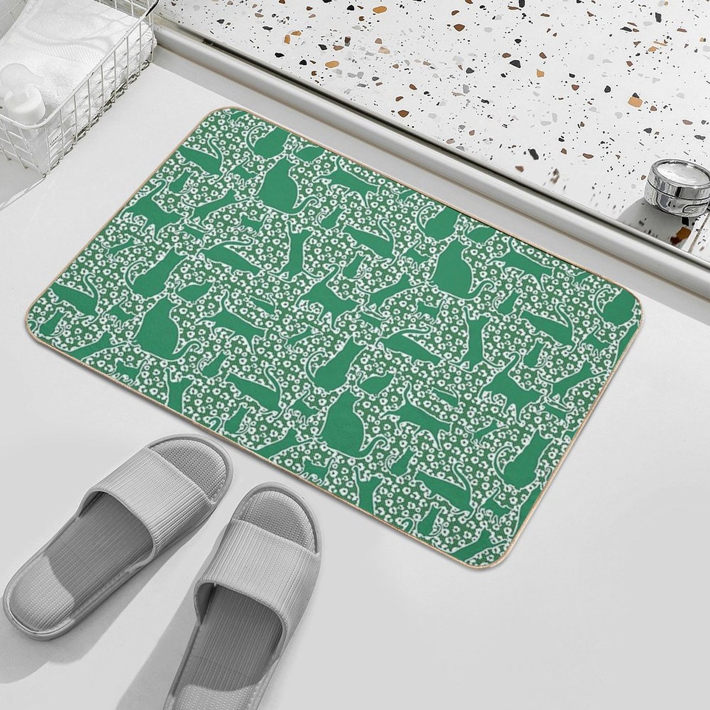 Prowler Print Leopard Cat Sihouettes in White  Easy To Clean Bath Mat