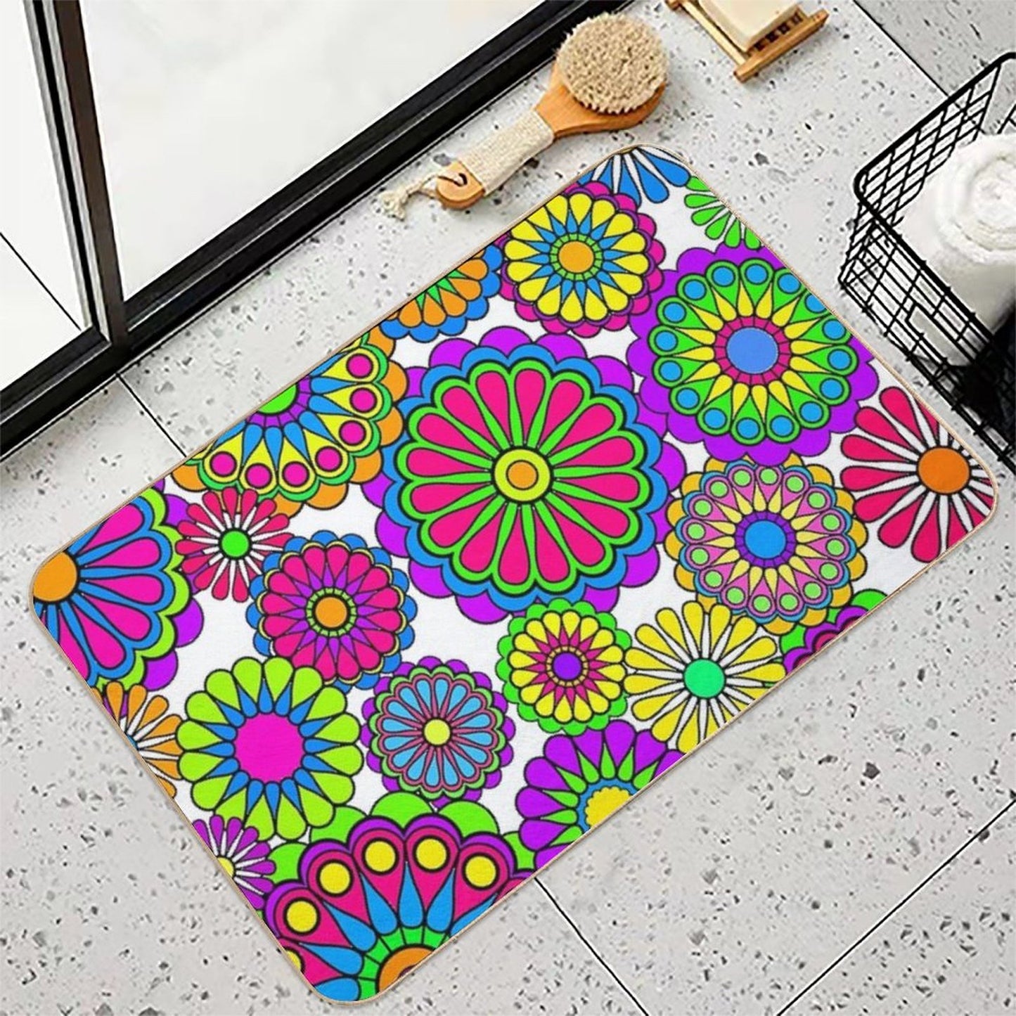 Happy Hippy Flowers  Fade-Resistant Bath Mat