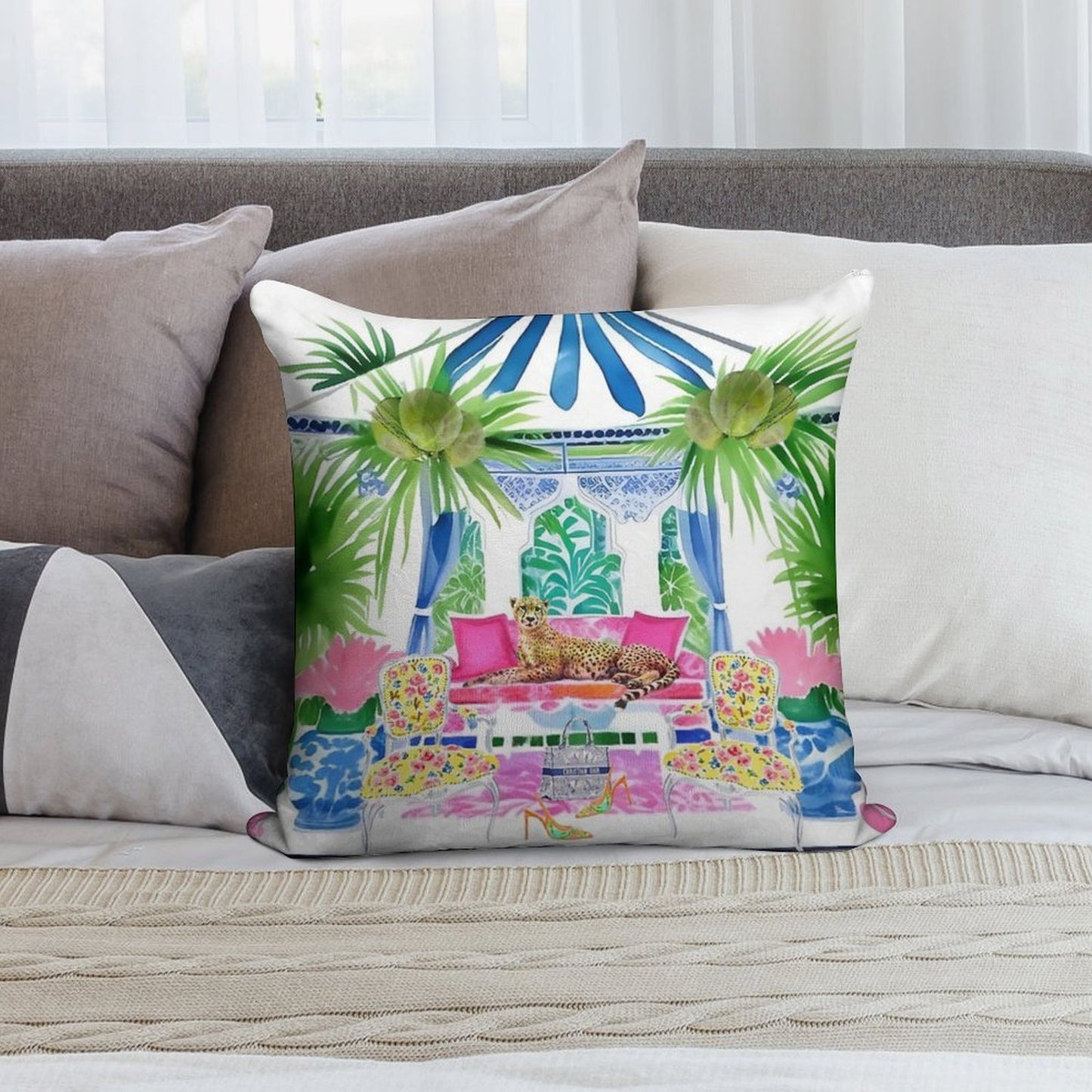 Preppy Cheetah in Stripy Blue Cabana Soft Reinforced Edging Throw Pillow