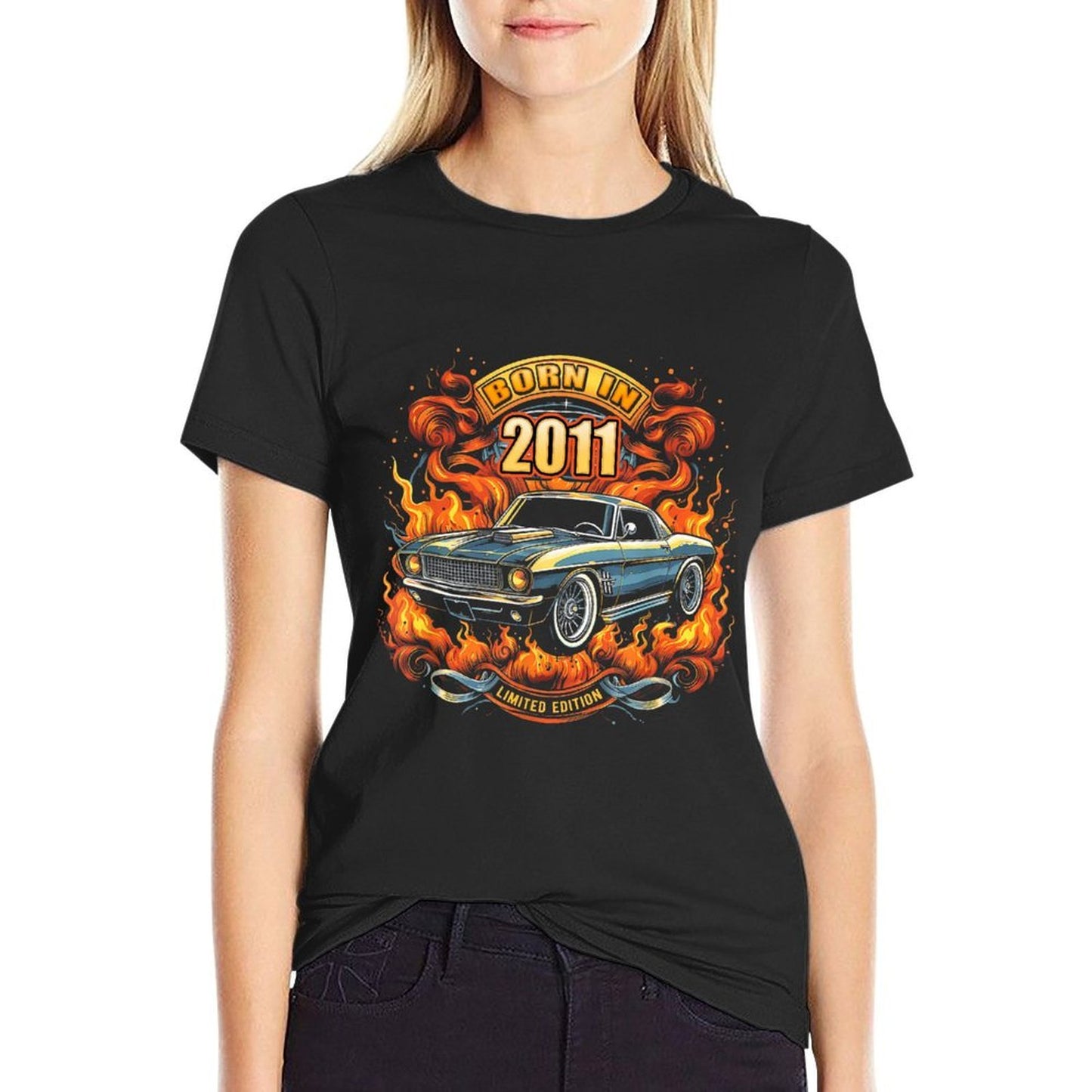Born In 2011 Hot Rod Muscle Car Lovers 14th Birthday  Oversized Silhouette T-Shirt