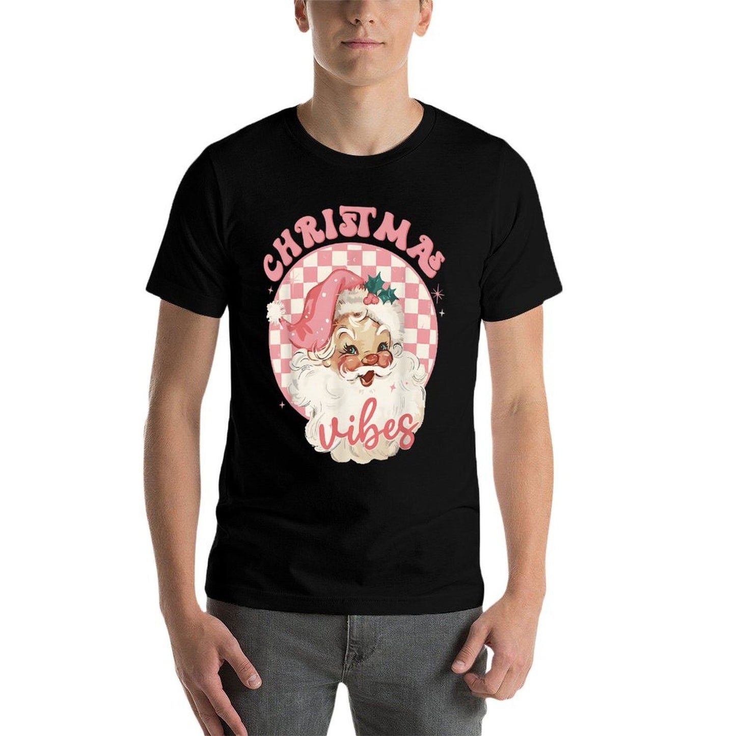 Christmas Vibes Pink Santa Claus Disco Vintage Xmas Holiday Comfortable T-Shirt