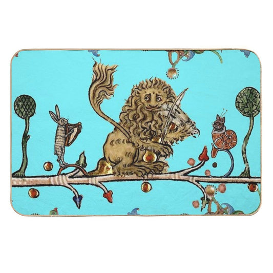 WEIRD MEDIEVAL BESTIARY MAKING MUSIC Violinist Lion,Hare,Snail Cat in Blue by Bulgan Lumini  Odorless Bath Mat