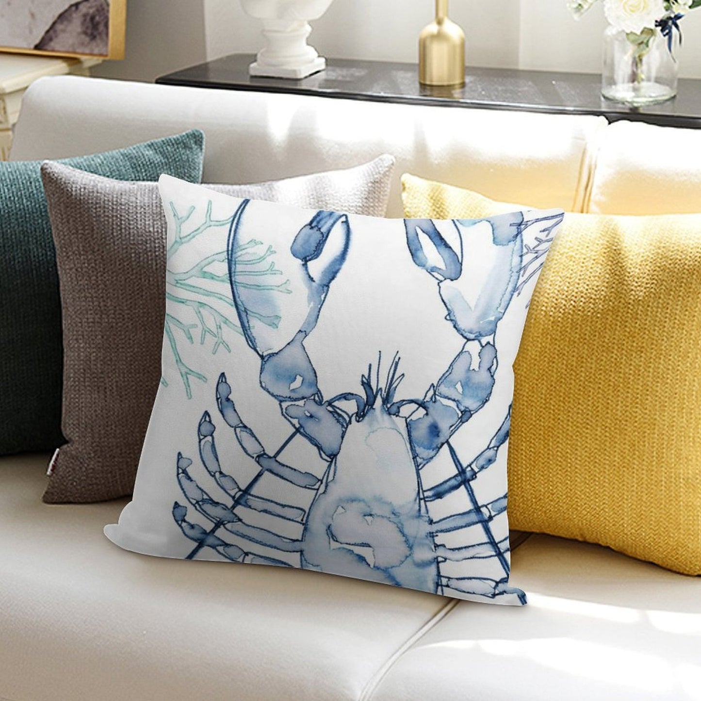 Coastal Lobster, Watercolor in Blues Soft Durable Construction Throw Pillow