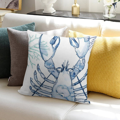 Coastal Lobster, Watercolor in Blues Soft Durable Construction Throw Pillow