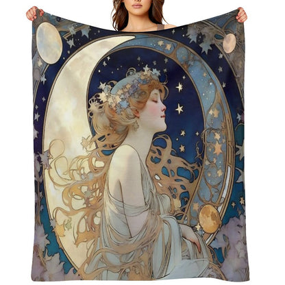 Celestial Dreams Alphonse Mucha Inspired Moon And Stars Plush Throw Blanket