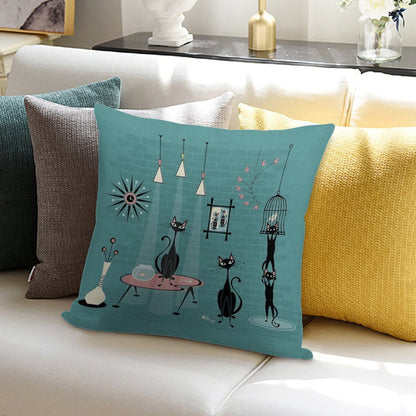 Mid Century Kitty Mischief III ©studioxtine Soft Shrink-Resistant Throw Pillow