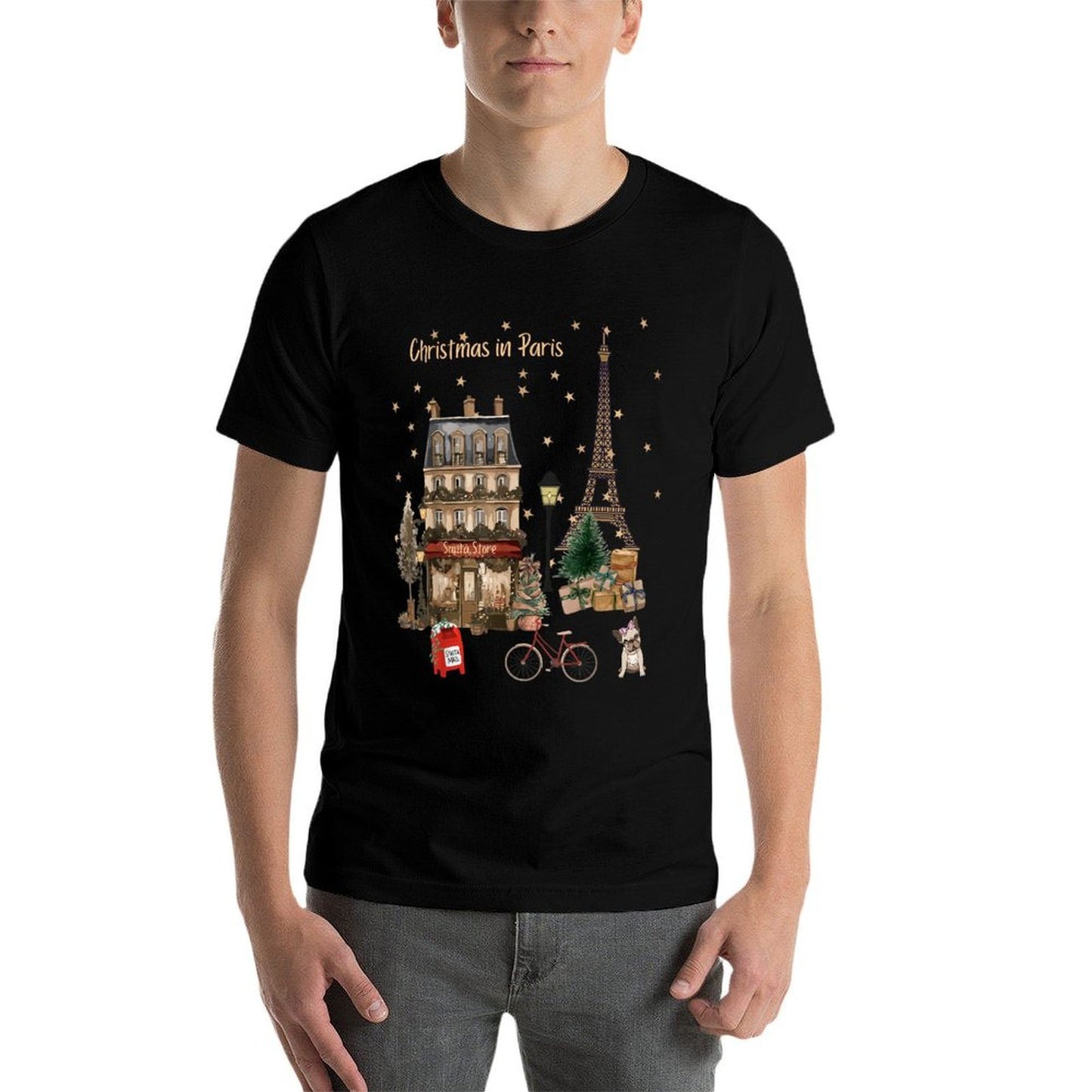 Christmas in Paris, Eiffel Tower, Store, And Festivities  Trendy Pattern T-Shirt
