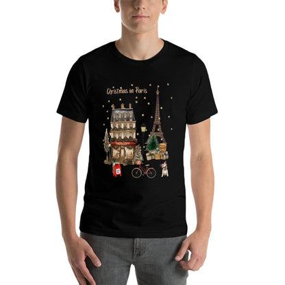 Christmas in Paris, Eiffel Tower, Store, And Festivities  Trendy Pattern T-Shirt