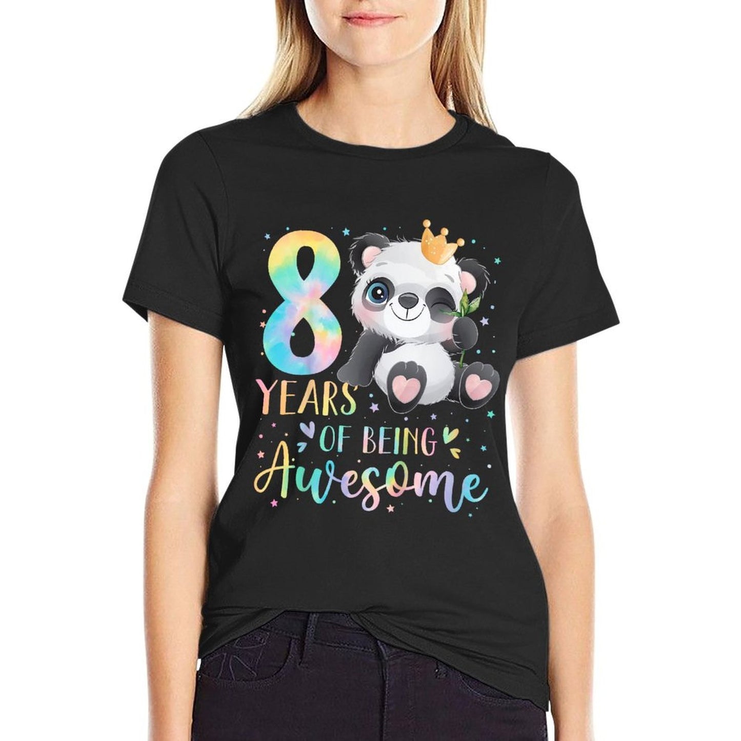 Kids Panda 8th Birthday 8 Years Of Being Awesome Crown  Rolled Sleeves T-Shirt