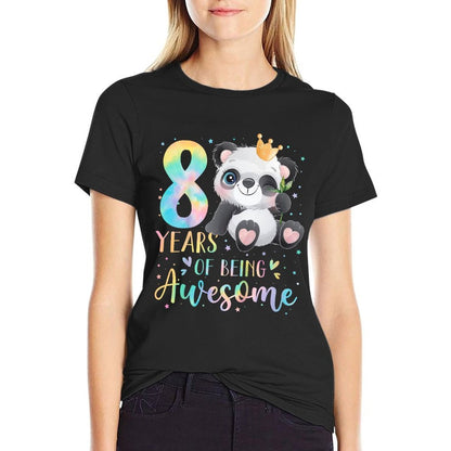 Kids Panda 8th Birthday 8 Years Of Being Awesome Crown  Rolled Sleeves T-Shirt