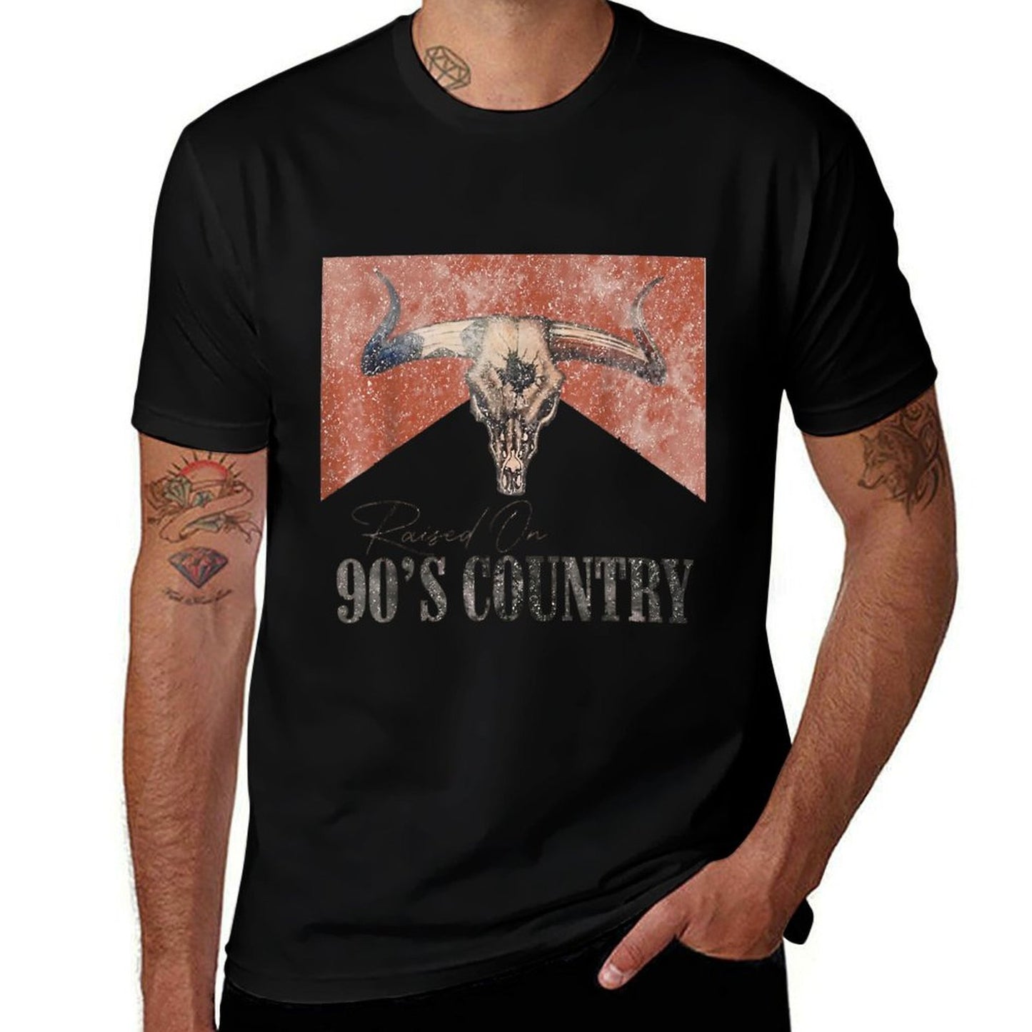 Vintage Western Bull Skull Raised On 90's Country Music  Tagless Design T-Shirt