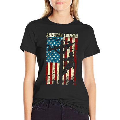 Lineman American Flag Electric Cable Patriotic Lineman  High-quality Stitching T-Shirt