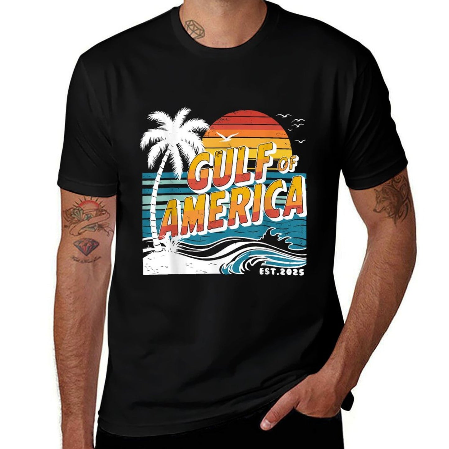 Retro Gulf Of US America 2025 American Flag Gulf Mexico Ribbed Collar T-Shirt