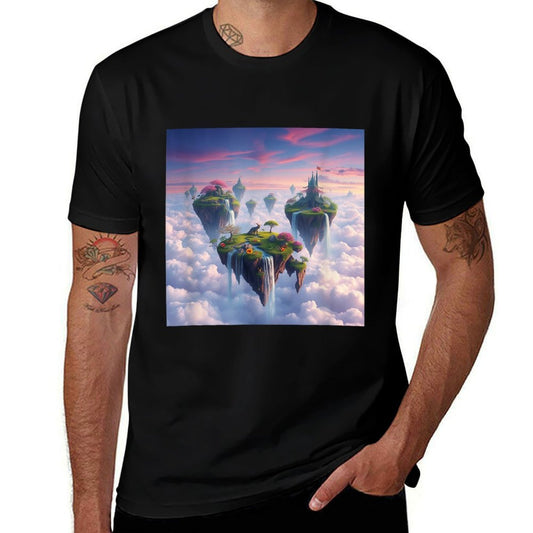 Floating Islands Landscape Graphics Waterfalls Twilight Sky  Eco-friendly Material T-Shirt