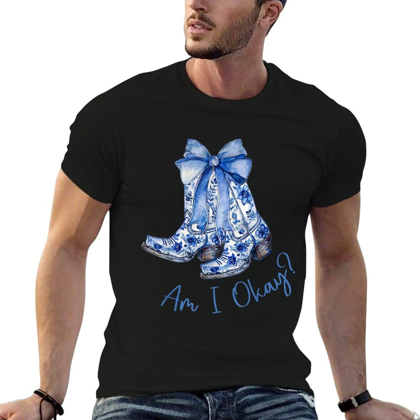Am I Okay Boot Cowgirl Coquette Bow Women Girl Polyester Blend T-Shirt