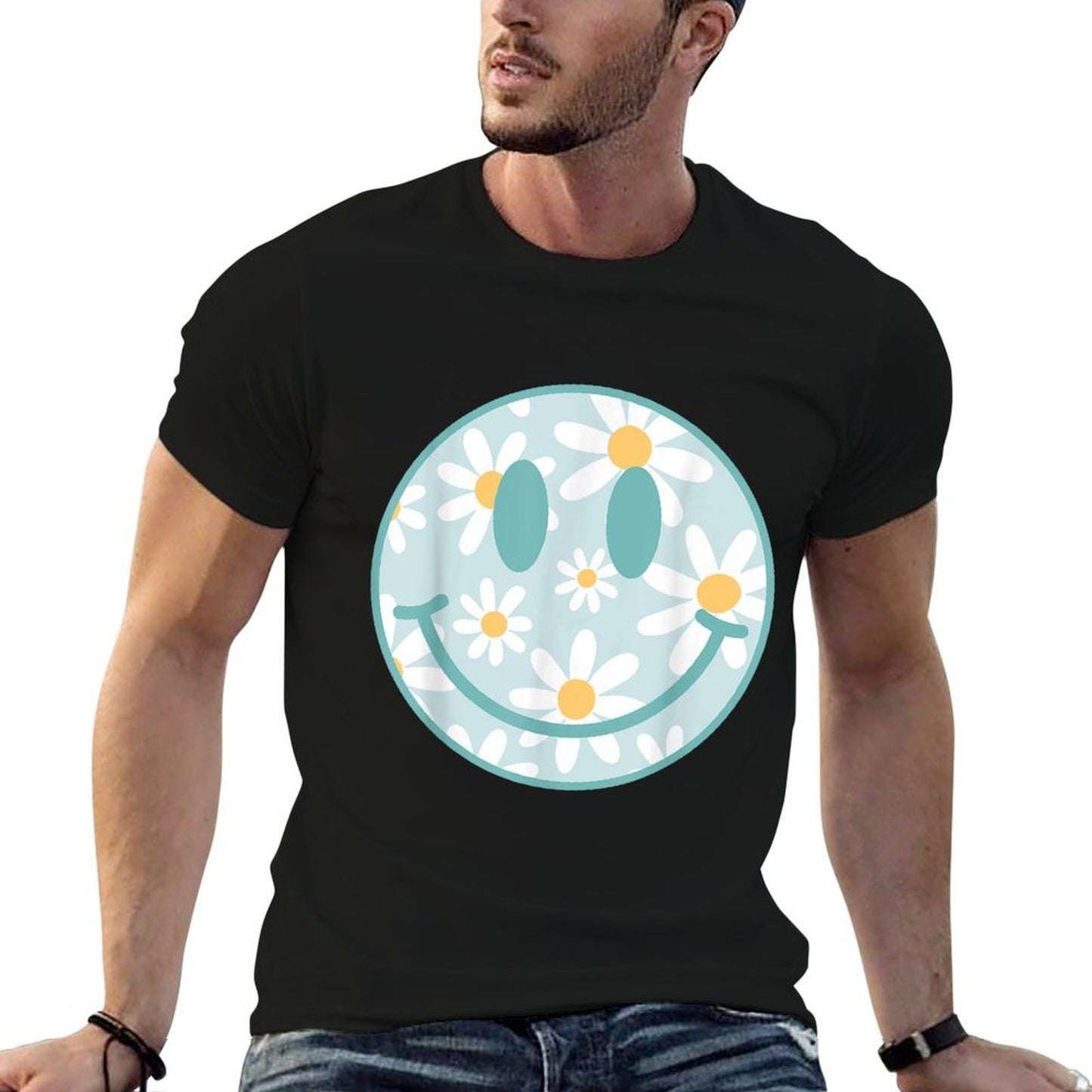 Retro Teal Happy Face Checkered Pattern Smile Face Trendy  Affordable Price T-Shirt