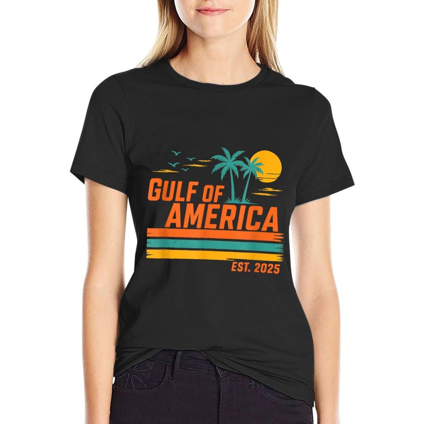 Gulf Of US America Est 2025 Retro Sunset Rolled Sleeves T-Shirt