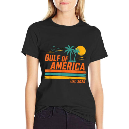 Gulf Of US America Est 2025 Retro Sunset Rolled Sleeves T-Shirt
