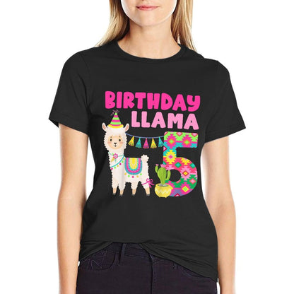 Kids 5th Llama Birthday 5 Year Old Alpaca Llama Birthday  Polyester Blend T-Shirt